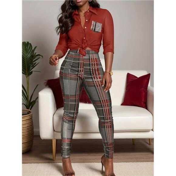 NWT Contrast Plaid Casual Set | Multiple Sizes | Unique Rare Material Pants - Picture 1 of 5